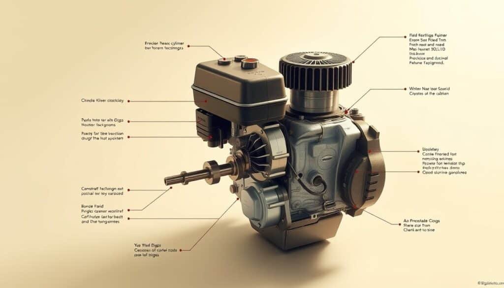A detailed technical diagram of a Briggs & Stratton engine, showcasing its key specifications and internal components. The image is rendered in a clean, technical style with a neutral color palette, casting a warm, laboratory-like lighting. The engine is presented in a three-quarter view, allowing the viewer to clearly see the cylinder, crankshaft, and other essential parts. The background is a plain, off-white surface, keeping the focus solely on the engine itself. Precise measurements, labels, and annotations are strategically placed around the engine to convey the necessary technical information. A detailed technical diagram of a Briggs & Stratton engine, showcasing its key specifications and internal components. The image is rendered in a clean, technical style with a neutral color palette, casting a warm, laboratory-like lighting. The engine is presented in a three-quarter view, allowing the viewer to clearly see the cylinder, crankshaft, and other essential parts. The background is a plain, off-white surface, keeping the focus solely on the engine itself. Precise measurements, labels, and annotations are strategically placed around the engine to convey the necessary technical information.