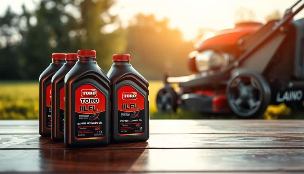 A detailed technical illustration of expert recommendations for Toro lawn mower oil, captured in a realistic, high-resolution photographic style. The foreground features a close-up view of various Toro-branded oil bottles, neatly arranged on a wooden surface with subtle reflections. The middle ground showcases a well-maintained Toro lawn mower, its metallic components gleaming under warm, directional lighting. The background subtly fades into a softly blurred, harmonious setting, conveying a sense of expertise and authority. The overall composition is clean, well-balanced, and designed to visually communicate the subject matter in a professional, informative manner. A detailed technical illustration of expert recommendations for Toro lawn mower oil, captured in a realistic, high-resolution photographic style. The foreground features a close-up view of various Toro-branded oil bottles, neatly arranged on a wooden surface with subtle reflections. The middle ground showcases a well-maintained Toro lawn mower, its metallic components gleaming under warm, directional lighting. The background subtly fades into a softly blurred, harmonious setting, conveying a sense of expertise and authority. The overall composition is clean, well-balanced, and designed to visually communicate the subject matter in a professional, informative manner.