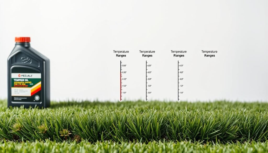 A meticulously detailed diagram showcasing the optimal temperature ranges for different types of lawn mower oil. The foreground features a clean, minimalist layout with neatly arranged oil bottles and temperature labels. The middle ground depicts a finely textured grass surface, subtly hinting at the real-world application. The background is a softly blurred, neutral-toned backdrop, allowing the informative elements to take center stage. The lighting is bright yet even, creating a crisp, authoritative atmosphere. The entire composition is captured from a slightly elevated, frontal perspective, conveying a sense of technical proficiency and instructional purpose. A meticulously detailed diagram showcasing the optimal temperature ranges for different types of lawn mower oil. The foreground features a clean, minimalist layout with neatly arranged oil bottles and temperature labels. The middle ground depicts a finely textured grass surface, subtly hinting at the real-world application. The background is a softly blurred, neutral-toned backdrop, allowing the informative elements to take center stage. The lighting is bright yet even, creating a crisp, authoritative atmosphere. The entire composition is captured from a slightly elevated, frontal perspective, conveying a sense of technical proficiency and instructional purpose.