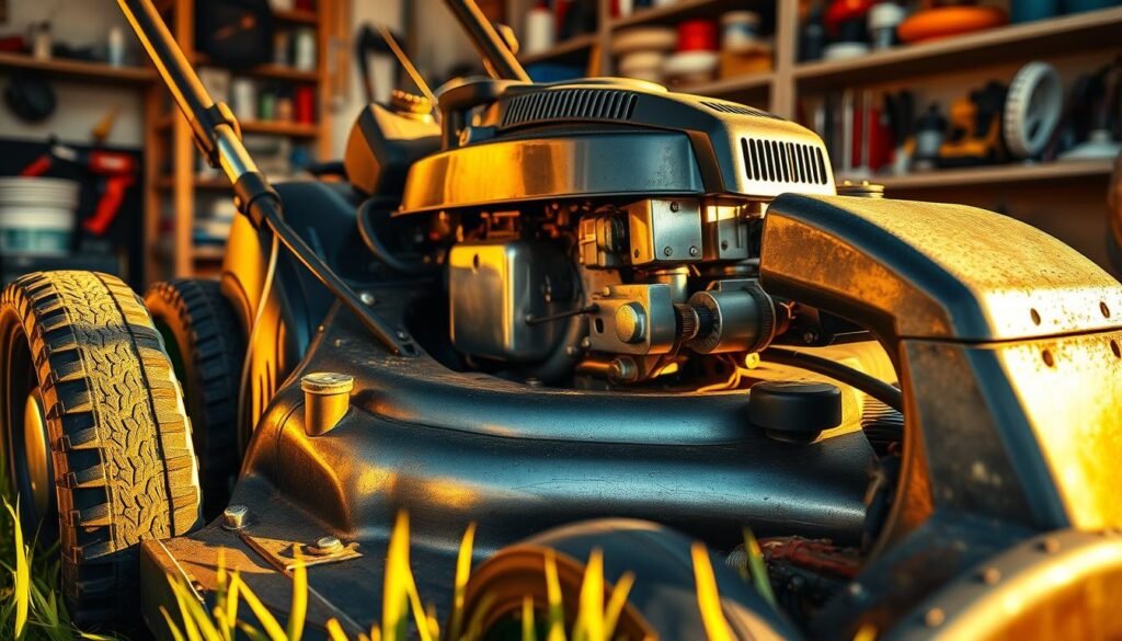 A meticulously maintained lawn mower, its gleaming metal surfaces bathed in warm, golden afternoon light. In the foreground, the mower's blades are inspected, each tooth sharp and precisely aligned. In the middle ground, the engine is disassembled, its components neatly laid out for thorough examination. The background reveals a well-equipped workshop, shelves filled with tools and supplies for comprehensive lawn mower care. The scene conveys a sense of diligence, attention to detail, and the importance of preventative maintenance to ensure the reliable performance of this essential outdoor power equipment.
