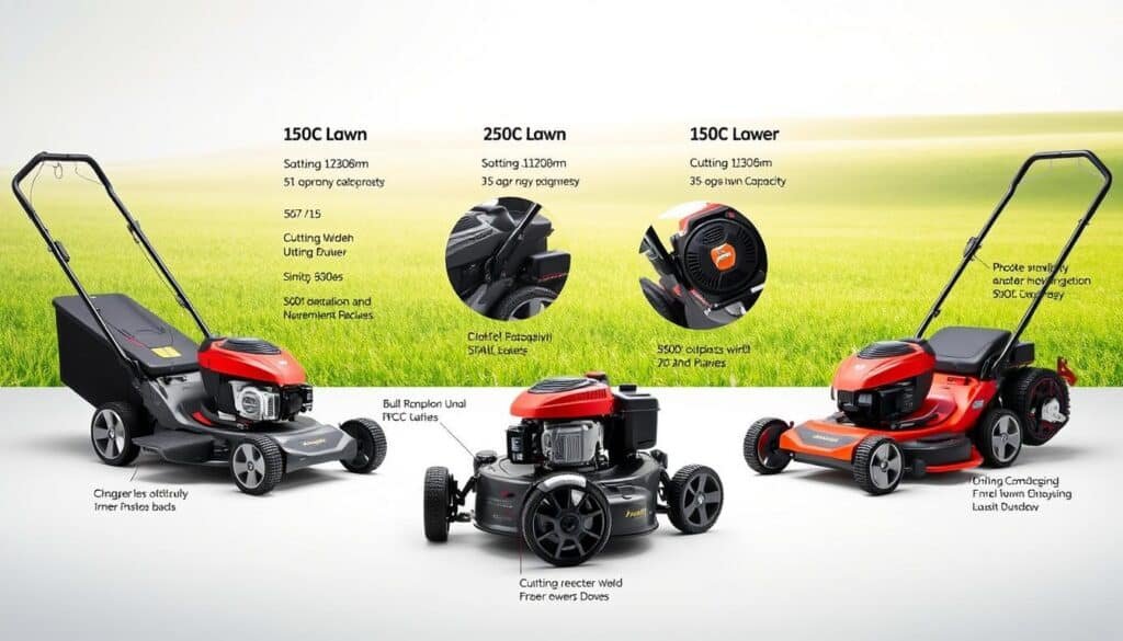 A neatly arranged display of 150cc lawn mower product features, showcased in a bright, well-lit studio setting. In the foreground, three distinct lawn mower models are presented, each highlighted with key technical specifications such as horsepower, cutting width, and fuel capacity. The middle ground features detailed close-up shots of the mowers' cutting decks, engine compartments, and control panels, allowing for a thorough examination of their design and functionality. The background depicts a serene, grassy landscape, emphasizing the mowers' intended use and performance. The overall composition conveys a sense of professionalism and expertise, guiding the viewer through the essential considerations when selecting a 150cc lawn mower. A neatly arranged display of 150cc lawn mower product features, showcased in a bright, well-lit studio setting. In the foreground, three distinct lawn mower models are presented, each highlighted with key technical specifications such as horsepower, cutting width, and fuel capacity. The middle ground features detailed close-up shots of the mowers' cutting decks, engine compartments, and control panels, allowing for a thorough examination of their design and functionality. The background depicts a serene, grassy landscape, emphasizing the mowers' intended use and performance. The overall composition conveys a sense of professionalism and expertise, guiding the viewer through the essential considerations when selecting a 150cc lawn mower.