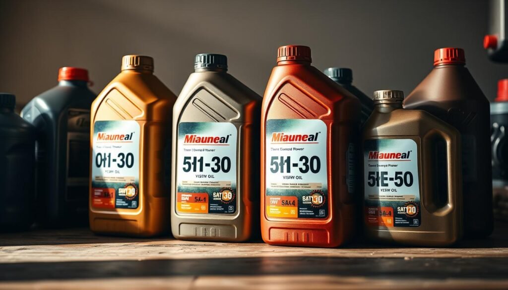 A well-lit close-up of various motor oil bottles and containers neatly arranged on a wooden table or workbench. The bottles should feature clear labels displaying their viscosity grades, such as 10W-30, 5W-40, and SAE 30, to illustrate the different oil types suitable for lawn mowers. The lighting should be natural and soft, creating a warm, inviting atmosphere that emphasizes the technical details of the oils. The composition should be visually balanced, with the bottles placed in an aesthetically pleasing arrangement that showcases their unique shapes and colors. The background should be minimalist, allowing the oils to be the focal point of the image.
