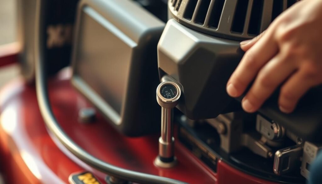 A well-lit, close-up photograph of a mechanic's hand checking the oil dipstick on a lawn mower engine. The dipstick is clearly visible, with the oil level indicated by the mark. The background is blurred, focusing the viewer's attention on the action. The scene conveys a sense of care and attention to detail, reflecting the importance of proper oil maintenance for lawn mower equipment. The lighting is warm and natural, creating a welcoming atmosphere.