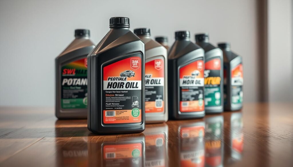 A well-lit, close-up shot of a set of motor oil bottles or containers, neatly arranged on a clean, reflective wooden surface. The bottles should be high-quality, brand-name products, with clearly visible labels displaying their technical specifications, such as viscosity, service type, and any other relevant information. The lighting should be soft and even, highlighting the textures and details of the bottles. The composition should be balanced and visually appealing, with the bottles occupying the majority of the frame. The overall mood should convey a sense of professionalism, expertise, and attention to detail, suitable for an informative article on lawn mower oil selection. A well-lit, close-up shot of a set of motor oil bottles or containers, neatly arranged on a clean, reflective wooden surface. The bottles should be high-quality, brand-name products, with clearly visible labels displaying their technical specifications, such as viscosity, service type, and any other relevant information. The lighting should be soft and even, highlighting the textures and details of the bottles. The composition should be balanced and visually appealing, with the bottles occupying the majority of the frame. The overall mood should convey a sense of professionalism, expertise, and attention to detail, suitable for an informative article on lawn mower oil selection.