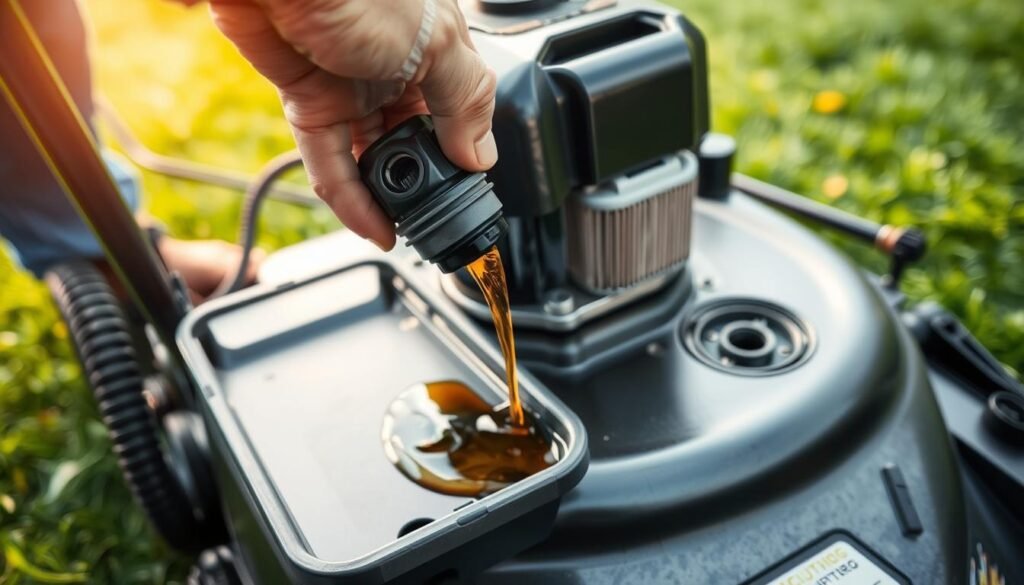 A well-lit, close-up view of a person's hands changing the oil in a lawn mower. The foreground shows the hands unscrewing the oil drain plug, allowing dirty oil to flow out into a collection tray. The middle ground showcases the lawn mower's engine, with the oil filter clearly visible. The background features a lush, green lawn, conveying the setting of maintaining outdoor equipment. The lighting is soft and even, capturing the details of the task in a warm, natural atmosphere. The image should have a technical, instructional feel while still being visually appealing.