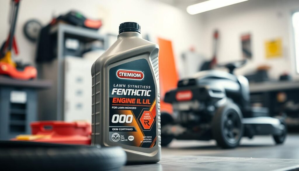 A well-lit, high-resolution photograph of a bottle of premium synthetic engine oil for lawn mowers, positioned in the foreground with a shallow depth of field. The bottle is angled slightly towards the camera, showcasing the brand name, product details, and OEM certification prominently. The background is blurred, but suggests a clean, organized workspace or garage setting, conveying the importance of using the right oil for optimal lawn mower performance and longevity. A well-lit, high-resolution photograph of a bottle of premium synthetic engine oil for lawn mowers, positioned in the foreground with a shallow depth of field. The bottle is angled slightly towards the camera, showcasing the brand name, product details, and OEM certification prominently. The background is blurred, but suggests a clean, organized workspace or garage setting, conveying the importance of using the right oil for optimal lawn mower performance and longevity.