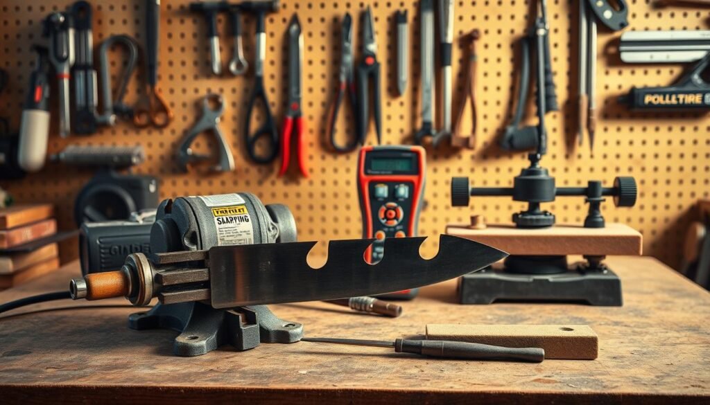 A well-lit workshop table showcases a variety of mower blade sharpening tools. In the foreground, a sturdy bench vise grips a mower blade, while a high-quality angle grinder, file, and sharpening stone sit nearby, ready for action. In the middle ground, a digital torque wrench and blade balancer stand ready to ensure precise sharpening and proper blade balance. The background features a pegboard wall displaying other essential maintenance tools, casting a warm, industrial glow over the scene. The overall mood is one of focused, meticulous preparation for the safe and effective sharpening of a mower blade.