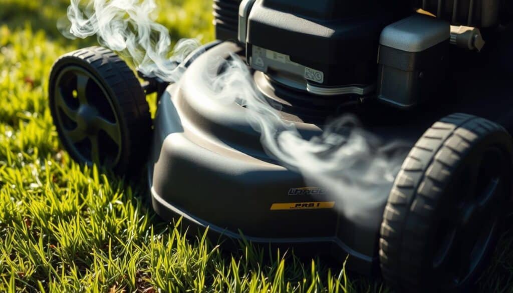 A well-maintained lawn mower on a lush green lawn, the engine emitting a plume of white smoke. Close-up view, highlighting the engine compartment and the exhaust pipe. Soft natural lighting casts gentle shadows, creating a sense of depth and realism. The mower is positioned at a slight angle, inviting the viewer to examine the issue closely. The overall scene conveys a sense of troubleshooting and problem-solving, setting the stage for the article's "Common Causes and Quick Fixes" section.